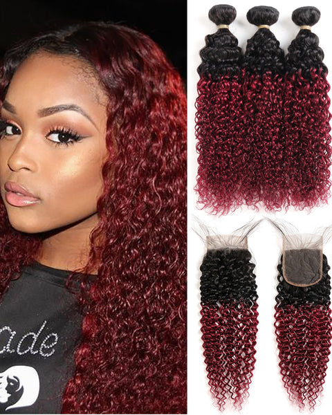 Remy Brazilian Human Hair Bundles Weaves with 4x4 Lace Closure Curly Wave Hair 1B/99J Color