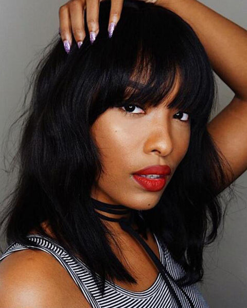 Synthetic Short Bob Curly Wig with Bangs Heat Resistant Fiber Hair for Women Black Color