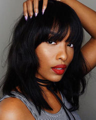 Synthetic Short Bob Curly Wig with Bangs Heat Resistant Fiber Hair for Women Black Color