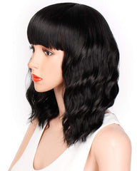 Synthetic Short Bob Curly Wig with Bangs Heat Resistant Fiber Hair for Women Black Color