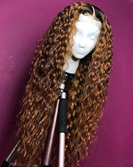 Synthetic Long Wigs Heat Resistant Fiber Hair for Black Women Curly Hair Lace Front Wigs Dark Root Ombre Red Brown Color 24inch