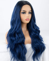 Blue Ombre Lace Front Wig Glueless Long Wavy Dark Blue Synthetic Wig with Dark Roots Middle Parting Ombre Lace Wig Heat Resistant 22 inches