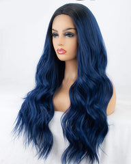 Blue Ombre Lace Front Wig Glueless Long Wavy Dark Blue Synthetic Wig with Dark Roots Middle Parting Ombre Lace Wig Heat Resistant 22 inches