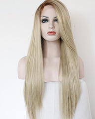 Ombre Blonde Light Brown Roots Long Natural Straight Heat Resistant Synthetic Wig 22inch
