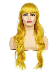 Women's Long Curly Wavy Yellow Wig Natural Looking Cosplay Synthetic Colorful Bangs Wig for Costume Halloween