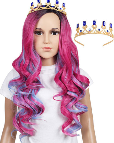 Long Wavy Pink and Light Blue Mixed Cosplay Wig with Crown (Kids Size)