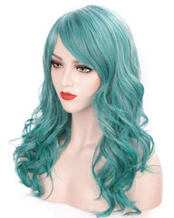Long Big Wavy Wig with Bangs Mix Color Custom Cosplay Halloween Party Wigs Synthetic Heat Resistant Hair (LakeBlue Mixed Color, 20 Inches)