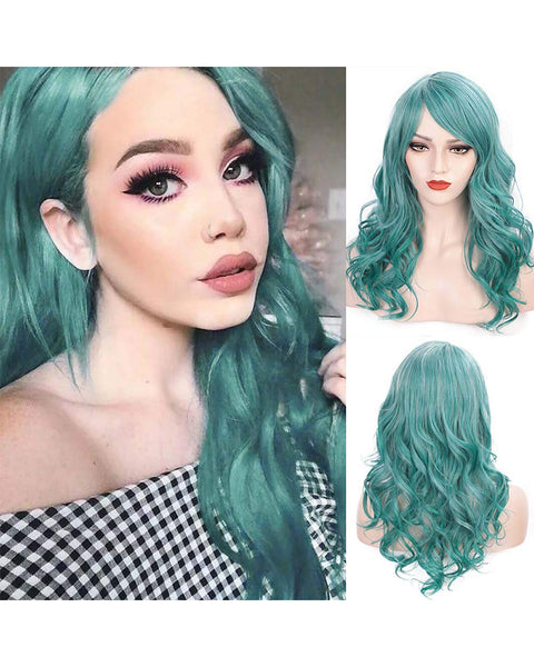 Long Big Wavy Wig with Bangs Mix Color Custom Cosplay Halloween Party Wigs Synthetic Heat Resistant Hair (LakeBlue Mixed Color, 20 Inches)
