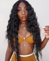 Long Wavy Synthetic Wigs For Black Women 130% Density Wigs Lace Front Wigs 30inch Black Color