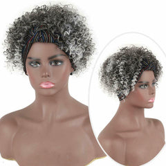 Gray Afro Kinky Curly Headband Wig Synthetic Short Curly Hair Head Wrap Glueless