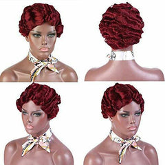 Retro Pixie Cut Finger Wave Wig Human Hair Wig Wine Red for Elegant Women Party