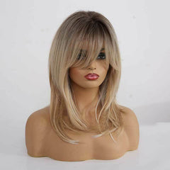 Women Brown Mixed Natural Blonde Wavy Ombre Synthetic Hair Wigs With Bangs