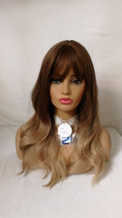 Women Ombre Blonde Brown Long Bob Wavy Wig Bangs Synthetic Natural Party Wig