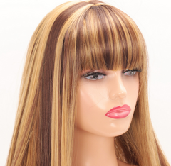 Long Straight Wigs with Bangs Brown Ombre light Blonde Daily Hair Wig for Women