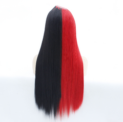 20'' Half Black And Half Red Wig Long Straight Women Lace Front Wig Synthentic