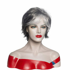 Short Grey Wigs for Women Mixed Gray Pixie Cut Wigs with Bangs Natural Layered