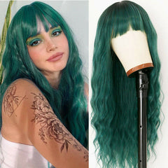 Wigs With Bangs Ombre Dark Green Wig Long Loose Wavy Curly Hair Synthetic