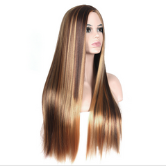 24" Brown Blonde Highlights Wigs Long Straight Natural Synthetic Hair for Women