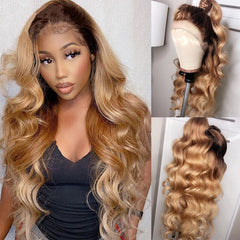 Long Wavy T Lace Front Wig Dark Root Ombre Golden Brown Synthetic Wigs Natural