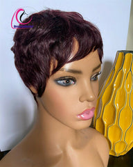 Short Red Burgundy 99J Color Bob Pixie Cut Wavy None Lace Front Human Hair Wigs