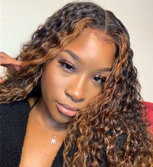Curly Black Brown Highlight Synthetic Long Wigs for Womans Daily Natural Wears