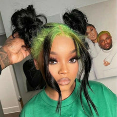 Short Green Roots Virgin Body Wave Lace Front Wig Synthentic Ombre Colored