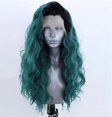 Ombre Green Synthetic Lace Front Wig Long Natural Wave Wigs for Women Side Part