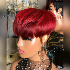 Pixie Cut Wine Red Brown Mixed Ombre Wig With Bangs For Women Synthetic Hair Wig