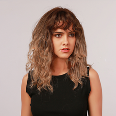 Brown Blonde Ombre Synthetic Heat Resistant Wig Bangs Women Cosplay Natural Hair