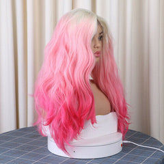 Glueless Long Wavy Lace Front Wig Ombre Blonde Pink Rose Red for Party