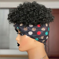 Short Curly Synthetic Headband Wig Black Short Heat Safe Hair with Headscarf Wig