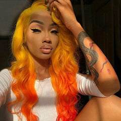 Sexy Yellow Orange Ombre Lace Front Wigs Body Wave Synthetic Heat Resistant Hair