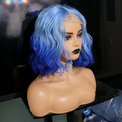 Short Wave Ombre Blue Wigs Synthetic Lace Front Wig Glueless Cosplay Party Heat