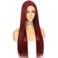 Long Straight Burgundy Red Lace Front Wig Glueless Heat Resistant Synthetic Wigs