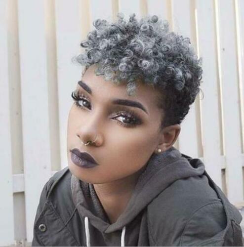 Short Wave Curly Grey mixed Black Pixie Cut Wig Synthetic Cosplay Daily Wear Wig