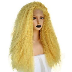 24" Yaki Lace Front Wig Long Kinky Curly Yellow Full Wigs Synthetic Hair Party
