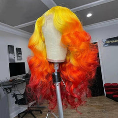 Fashion Ombre Yellow Orange Colored Synthetic Glueless Body Wave Lace Front Wigs