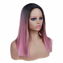 Wig Ombre Pink Wig Short Straight Bob Wigs Black to Pink Middle Part Synthetic