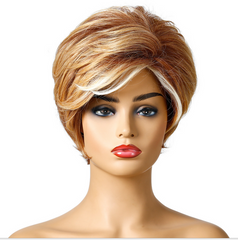 Short Pixie Cut Wig for Women Brown Hair Highlight Light Blonde Wigs with Bangs