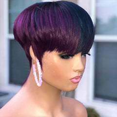Oblique bangs black mixed purple short straight hair Synthetic Wigs Natural