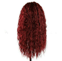 Long Curly Wave Wine Red Black Root Wig With Headband Synthentic Heat Resistant