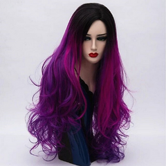 3 Tone Long Curly Synthetic Wig Ombre Color Black to Pink to Purple Hair Heat