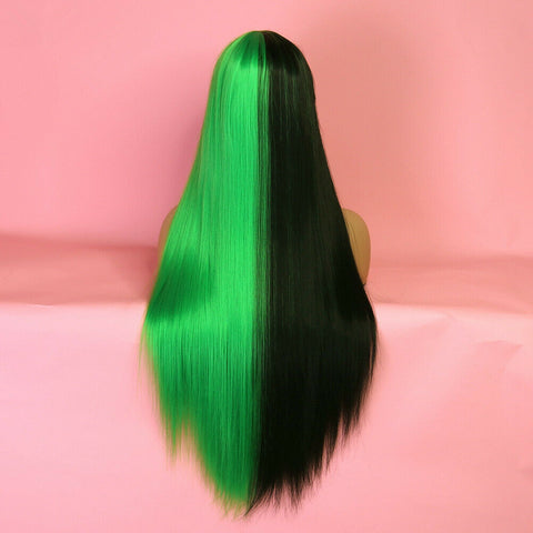 Long Synthetic Half Black Green Straight Wig With Bang Cosplay Party Full Wigs