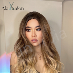 Women Long Wavy Wigs Brown Golden Blonde Wave Curly Hair Ombre Bangs Party Wigs