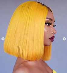 Women Yellow Lace Front Wigs Fashion Party Wigs Short Bob Wigs with Dark Roots