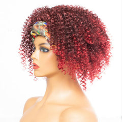 Short Afro Kinky Curly Synthetic Headband Wig Black Heat Safe Hair Wine Red Wig
