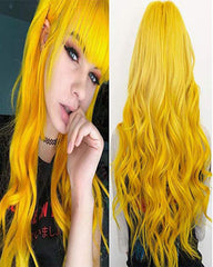 Women's Long Curly Wavy Yellow Wig Natural Looking Cosplay Synthetic Colorful Bangs Wig for Costume Halloween