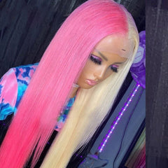 Long Silky T part Lace Front Wig Half Blond Half Pink Synthetic Wig Ombre Color