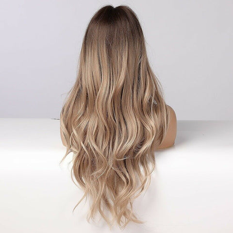 Brown Ombre Wavy Long Synthetic Wigs Bangs Heat Resistant Cosplay Natural Hair