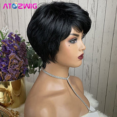 Short Straight Pixie Cut Wig Synthetic Natural Black Hair Daily Wigs for Women